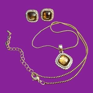 VTG BELLA & ROSE Faceted Smoky Quartz Crystal Cushion Halo Necklace Earrings Set